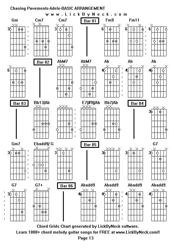 Chord Grids Chart of chord melody fingerstyle guitar song-Chasing Pavements-Adele-BASIC ARRANGEMENT,generated by LickByNeck software.